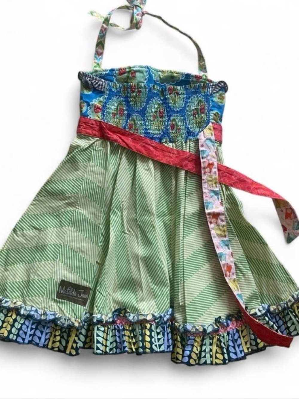 Matilda Jane Green and Cream Striped Dress with Patterned Ruffle